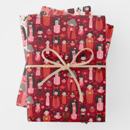 Hoja De Papel De Regalo Ilustración breve de tres conjuntos de kokeshi jap