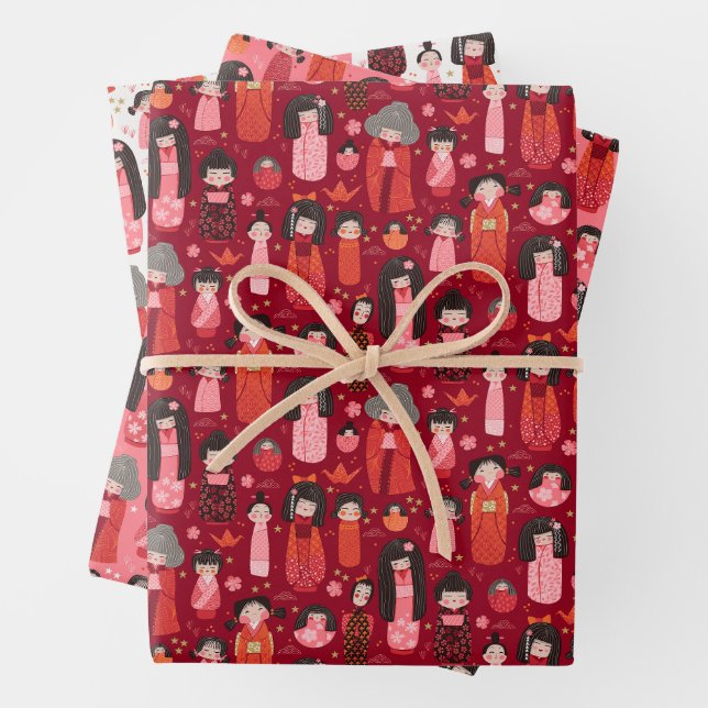 Hoja De Papel De Regalo Ilustración breve de tres conjuntos de kokeshi jap (In situ)