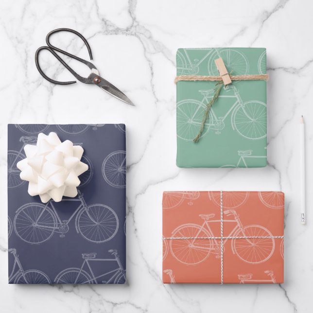 Hoja De Papel De Regalo Ilustracion de bicicleta azul Naranja verde (Anverso)