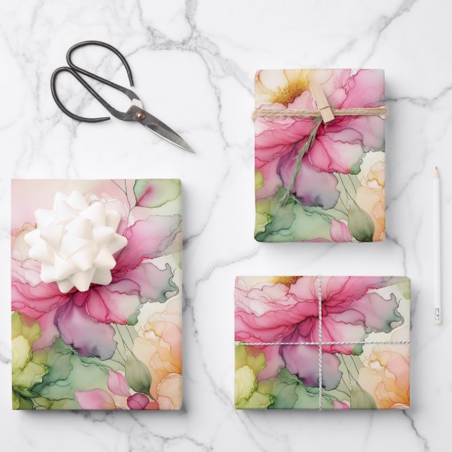 Hoja De Papel De Regalo Ilustracion de tinta para alcohol de flores pastel (Anverso)