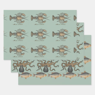 Hoja De Papel De Regalo Ilustración Vintage de Langosta: Damask Costero