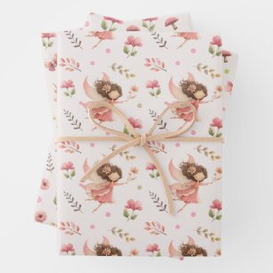 Hoja De Papel De Regalo Ilustraciones de hadas y flores Botánico rosa past