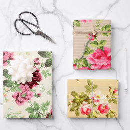 Hoja De Papel De Regalo Ilustraciones vintage de rosas sobre base neutral