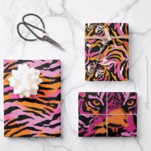 Hoja De Papel De Regalo Impresión animal tigre rosa y Naranja retro glamor