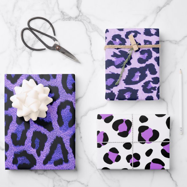 Hoja De Papel De Regalo Impresión de animal morado azul de leopardo negro (Anverso)