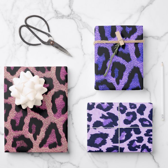 Hoja De Papel De Regalo Impresión de animal morado rosado de leopardo negr (Anverso)