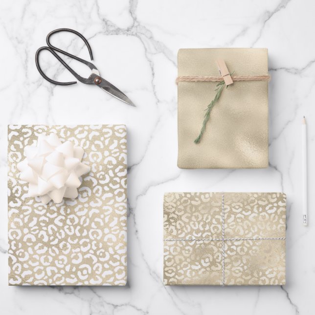 Hoja De Papel De Regalo Impresión de Leopardo Blanco Glam Gold (Anverso)