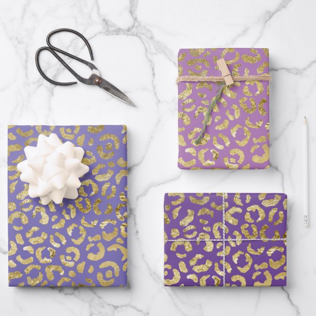 Hoja De Papel De Regalo Impresión de leopardo de oro morado (Anverso)