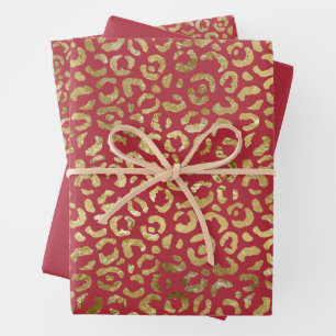Hoja De Papel De Regalo Impresión de leopardo de oro rojo