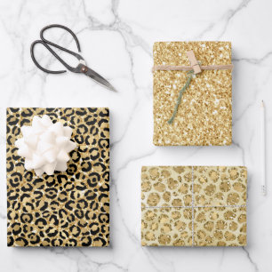 Hoja De Papel De Regalo Impresión de leopardo de Purpurina de oro negro   