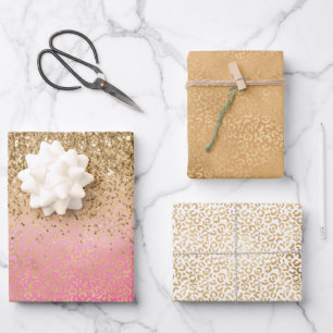 Hoja De Papel De Regalo Impresión de leopardo del Purpurina de oro rosado 