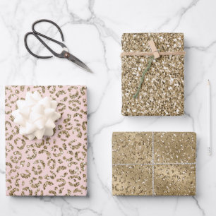Hoja De Papel De Regalo Impresión de leopardo dorado Purpurina rosado Rub
