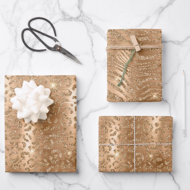 Hoja De Papel De Regalo Impresión de leopardo Purpurina de oro de Glam (Anverso)