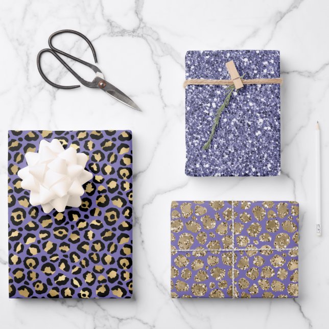 Hoja De Papel De Regalo Impresión Glam Gold Purple Leopard (Anverso)