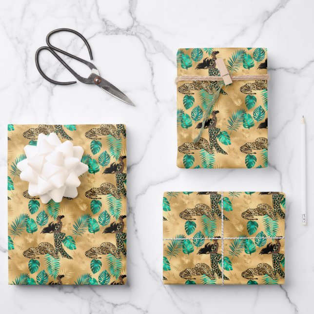 Hoja De Papel De Regalo Impresión Jade Green y Relieve metalizado dorado L (Anverso)