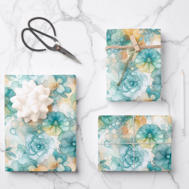 Hoja De Papel De Regalo Impresión verde azulada de Ilustracion de tinta de (Anverso)