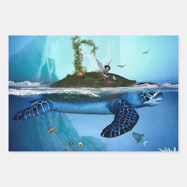 Hoja De Papel De Regalo Impresionante tortuga con hadas y pájaros (Anverso)