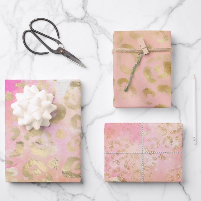 Hoja De Papel De Regalo Impresiones de leopardo Purpurina dorado rosado (Anverso)