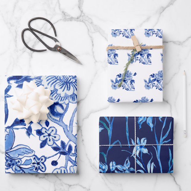 Hoja De Papel De Regalo Influencia asiática Chinoiserie Marina Floral blan (Anverso)