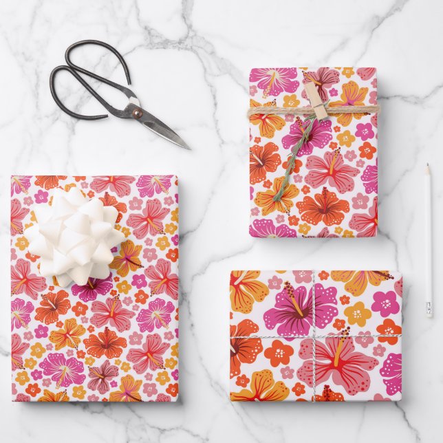 Hoja De Papel De Regalo Inhibisco tropical - rosa y naranja (Anverso)