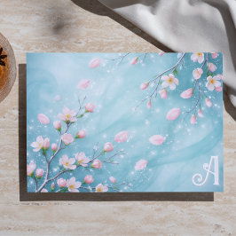 Hoja De Papel De Regalo Iniciales de Flor de Cerezo Turquesa Elegantes