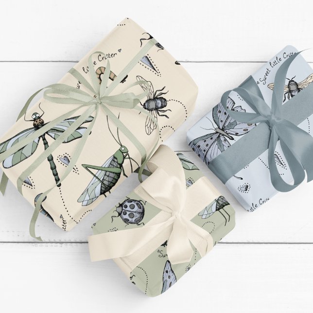 Hoja De Papel De Regalo Insectos de azul y salvia (Adorable Light Blue and Sage Hand-Drawn "Sweet Little Critter" Insects Gift  Wrap for Baby Boy.)