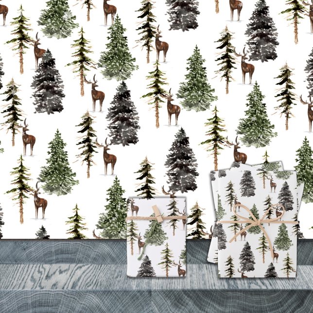 Hoja De Papel De Regalo Invernadero de los bosques de pinos de bosques (Winter Woodland Pine Tree Forest Stag Reindeer Christmas Holiday Gift Wrapping Paper Sheets Trio)