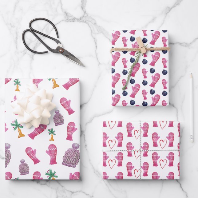 Hoja De Papel De Regalo Invernal acuarela Ilustración Rosa (Anverso)