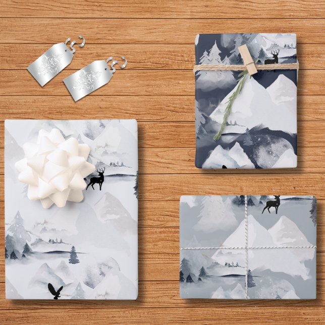 Hoja De Papel De Regalo Invierno o Navidades Nieve Árboles renos elegantes (Winter or Christmas Snow Trees and Deer Elegant Landscape Wrapping Paper Sheets)