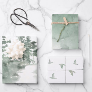 Hoja De Papel De Regalo Invierno verde, gris y blanco variado