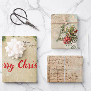 Hoja De Papel De Regalo Invierno Vintage Merry Christmas Pine Tree Red
