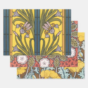 Hoja De Papel De Regalo Iris Flor Art Nouveau Vidrio Manchado Oro Azul