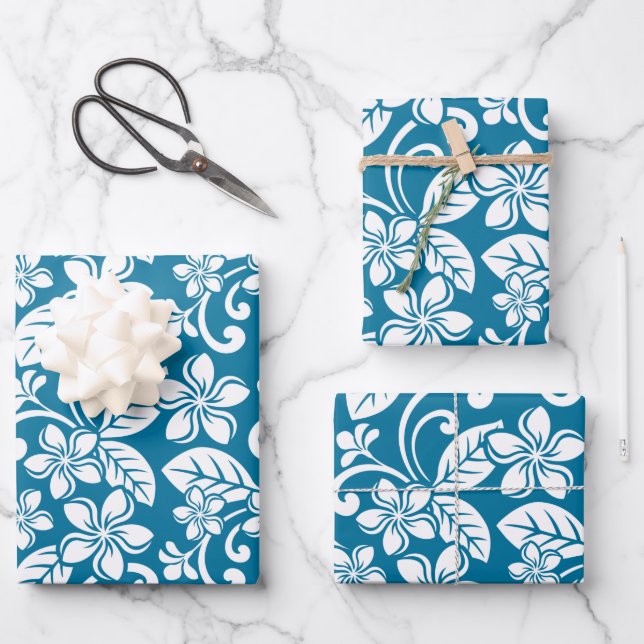 HOJA DE PAPEL DE REGALO ISLAND PLUMERIA (AZUL CARIBE) (Anverso)