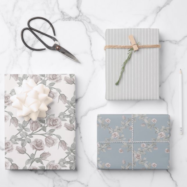 Hoja De Papel De Regalo Ivory Rose, Sage Stripe & Dusty Blue Trellis (Anverso)
