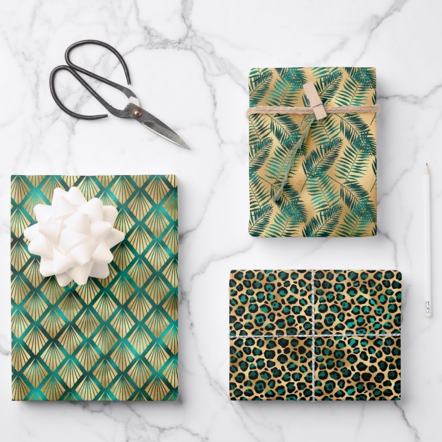 Hoja De Papel De Regalo Jade Green y Relieve metalizado dorado Look (Anverso)