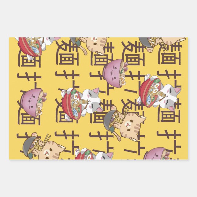 Hoja De Papel De Regalo Japanese Kawaii Anime Cat Ramen Noodles (Anverso)