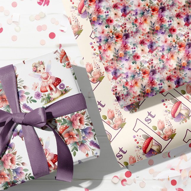 Hoja De Papel De Regalo Jardín de acuarela encantado de primer cumpleaños  (Fairy First Birthday Watercolor Floral, Mushrooms, and Fairy Gift Wrapping Paper Sheets)