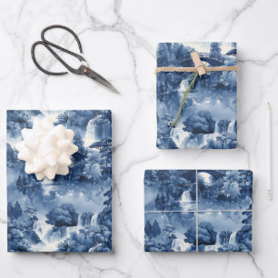 Hoja De Papel De Regalo Jardín de agua japonés en porcelana azul blanca