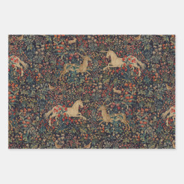 Hoja De Papel De Regalo Jardín de flores medievales de Unicornio Midnight