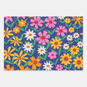 Hoja De Papel De Regalo Jardín de flores retro boho sobre azul marino 
