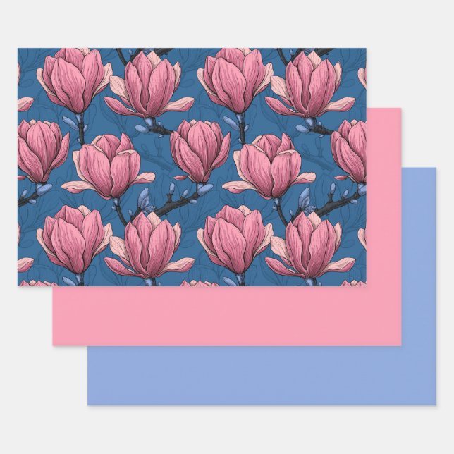 Hoja De Papel De Regalo Jardín de Magnolia en azul (Set)