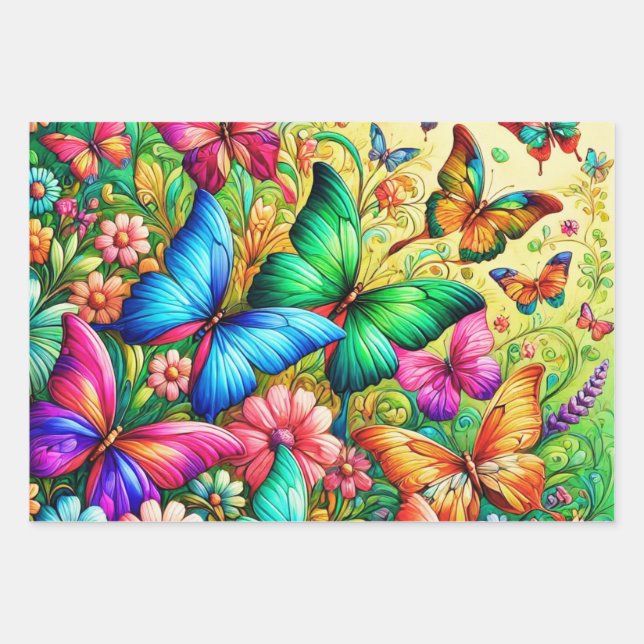 Hoja De Papel De Regalo Jardín del Arcoiris con mariposas (Anverso)