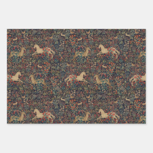 Hoja De Papel De Regalo Jardín Floral Unicornio Medieval de Medianoche
