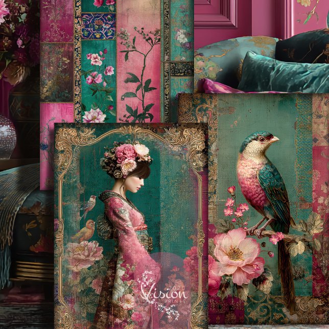 Hoja De Papel De Regalo Jardín Oriental, Retrato, Ave, Patchwork, Floral (Oriental Garden, Portrait, Bird, Floral, Chinoiserie Patchwork Collage, Heavyweight Decoupage.)