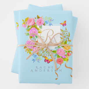 Hoja De Papel De Regalo Jardín romántico florecido Monograma Azul