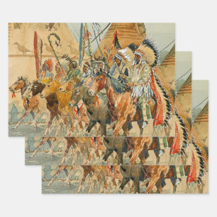 Hoja De Papel De Regalo Jefes indios con estandartes por Edward Borein
