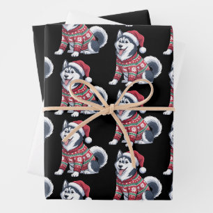 Hoja De Papel De Regalo Jersey Feo de Perro Husky Siberiano Gorro de Santa