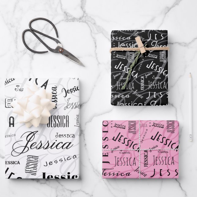 Hoja De Papel De Regalo Jessica Custom Name Pink Black White (Anverso)