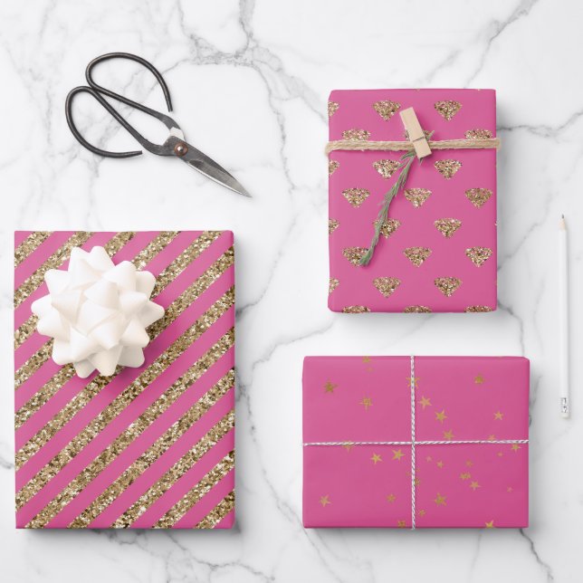 Hoja De Papel De Regalo Jewel Diamonds, Purpurina de oro rosado Girly (Anverso)