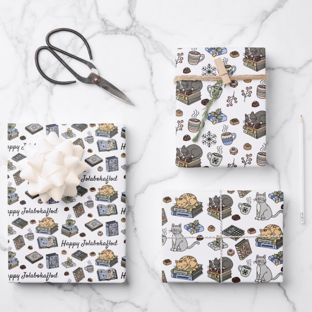 Hoja De Papel De Regalo Jolabokaflod Books, Cats, and Cocoa Christmas Gift (Anverso)